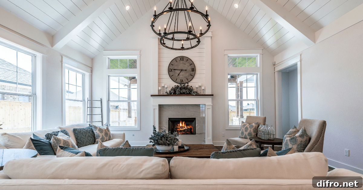 A large living room with vaulted ceiling and chandelier lighting.