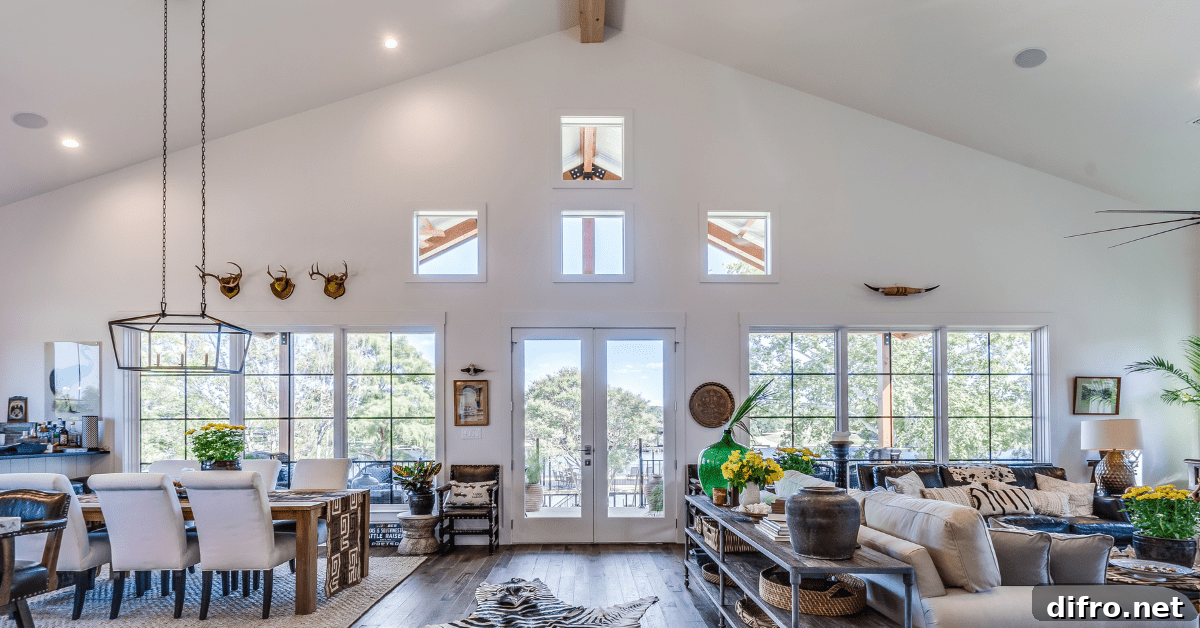 A spacious living room with vaulted ceiling and large furniture