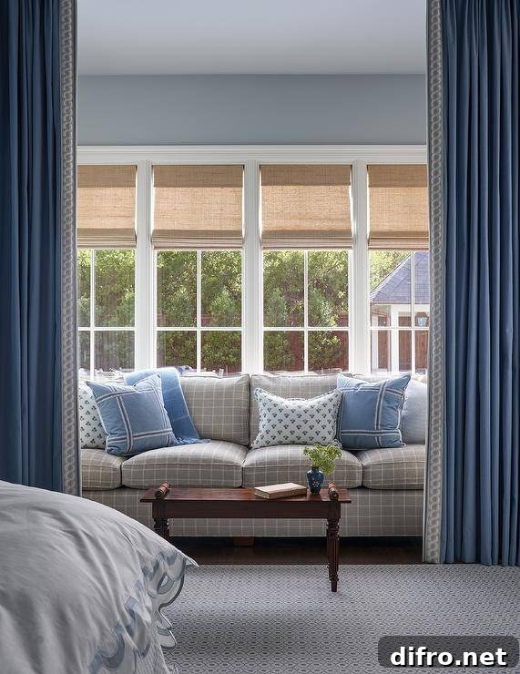 Bamboo roman shades cover a row of windows framed by a blue wall and positioned above a gray grid couch complemented with blue pillows. The sofa is paired with an antique French coffee table, while the sitting area is located behind blue curtains.