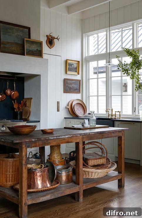 A rustic freestanding kitchen island sits in a farmhouse kitchen to the side of light gray shaker cabinets adorned with antique brass hardware topped with a black marble countertop. The countertop is fitted with a black marble apron sink with a polished brass hook and spout faucet fitted in front of a window framed by a light gray vertical shiplap trim.