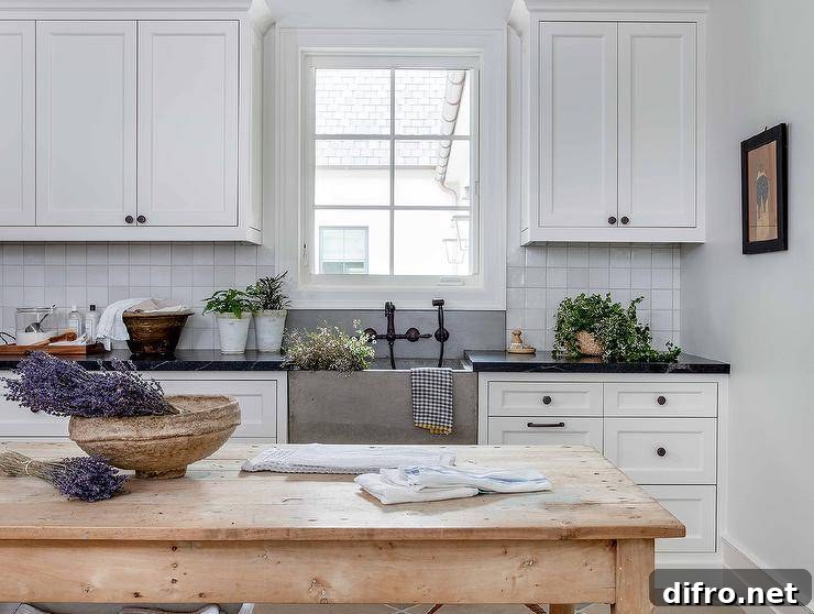 White cottage kitchen boasts a freestanding farmhouse island.