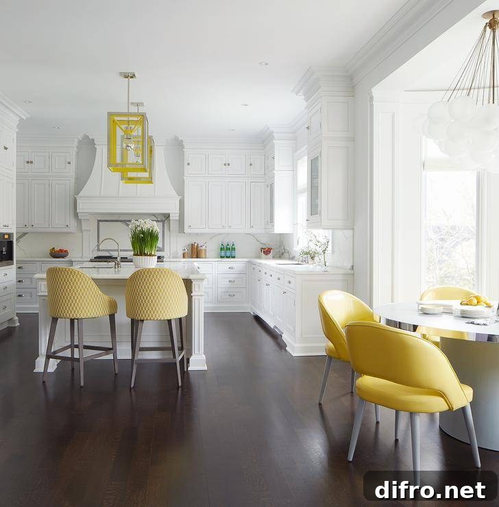 White and yellow kitchen with bright seating and an airy, cheerful design.