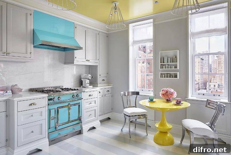 A colorful kitchen with yellow, blue and gray accents and abundant light.