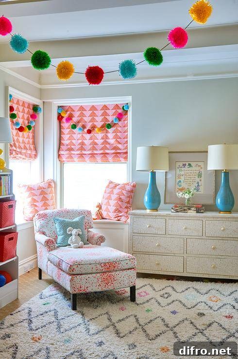 Colorful girl's bedroom with vibrant patterns and personalized decor.