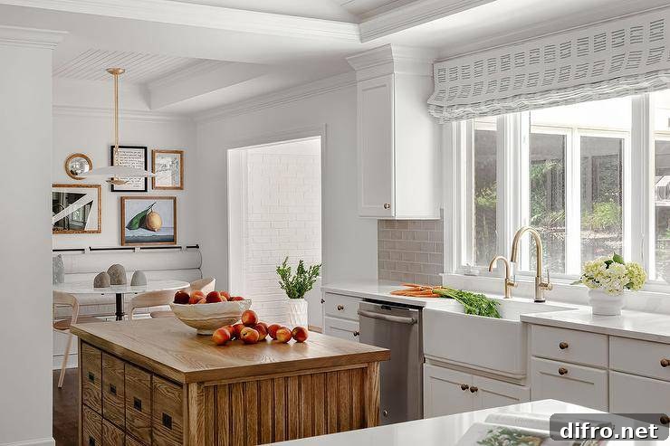 A vintage oak kitchen island is fitted with stacked drawers.