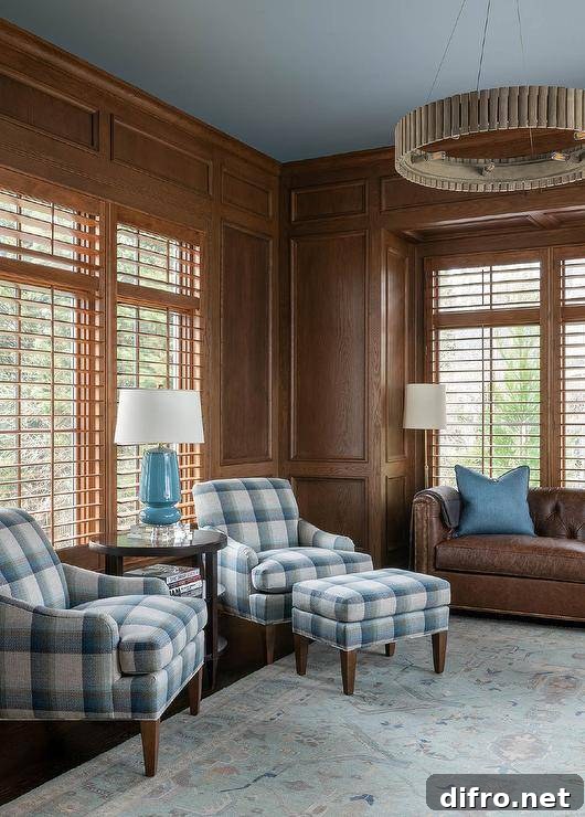 Welcoming oak paneled home office features blue plaid chairs placed on either side of a round brown accent table topped with a blue lamp, while one chair is paired with blue plaid bench positioned on a blue vintage rug. A wooden ring chandelier hangs from a blue painted ceiling.