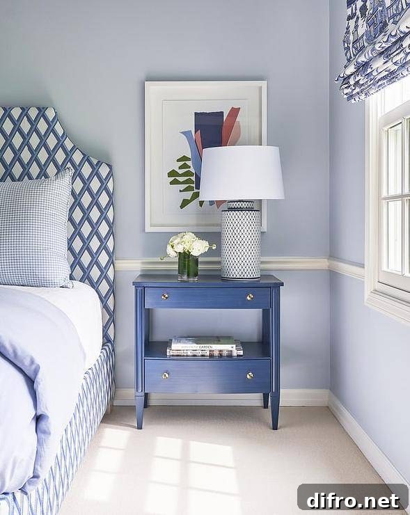Bedroom features a blue lattice bed with blue lattice lamp on a blue wooden nightstand, and blue walls with a white chair rail.