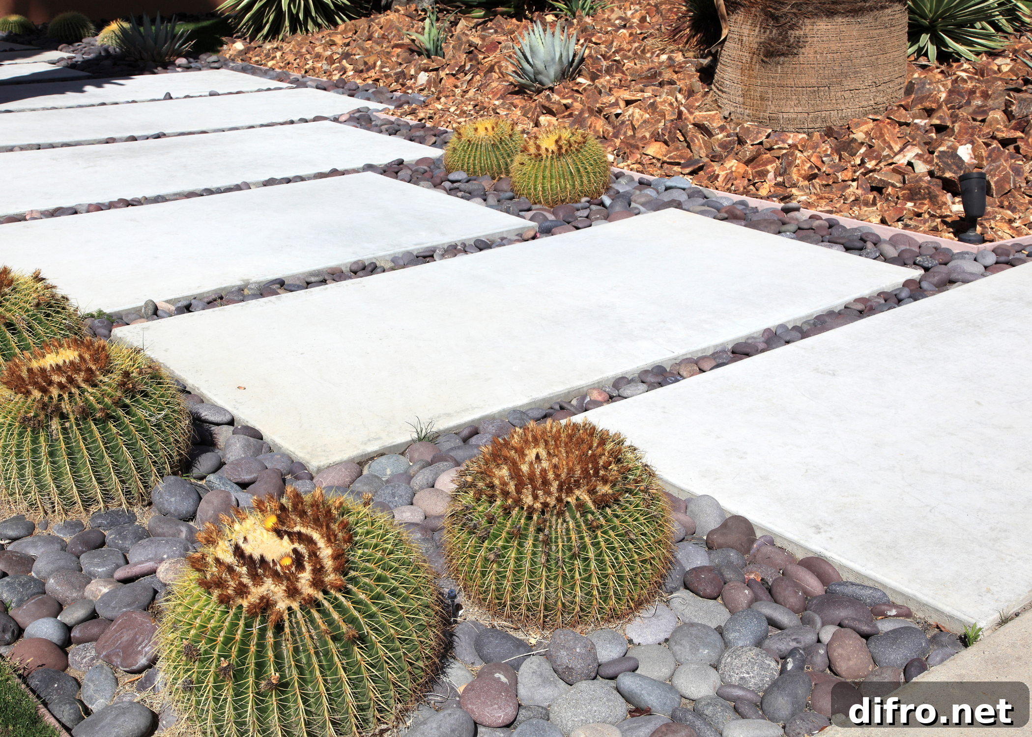 stylish walkway in garden with stones and cactus