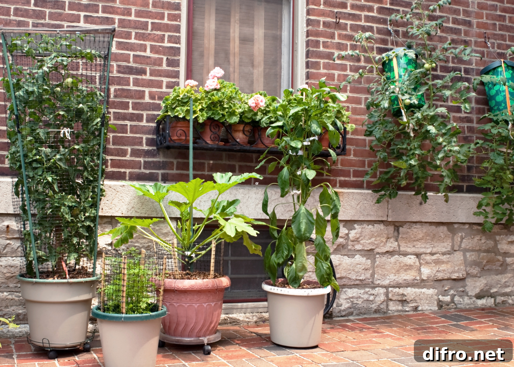 container gardening on brick pavers