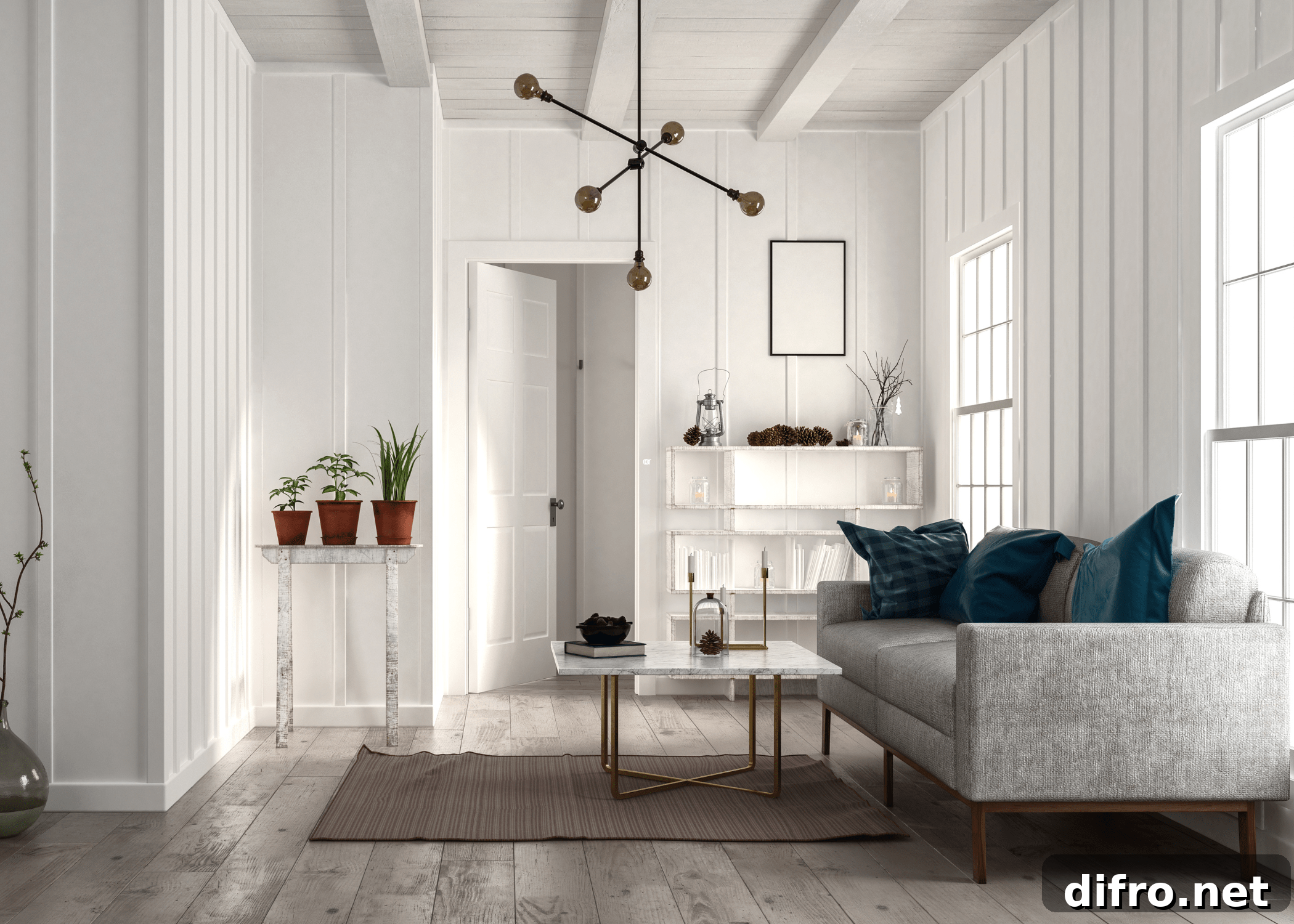 Modern minimalist living room with sparse, well-chosen decor.