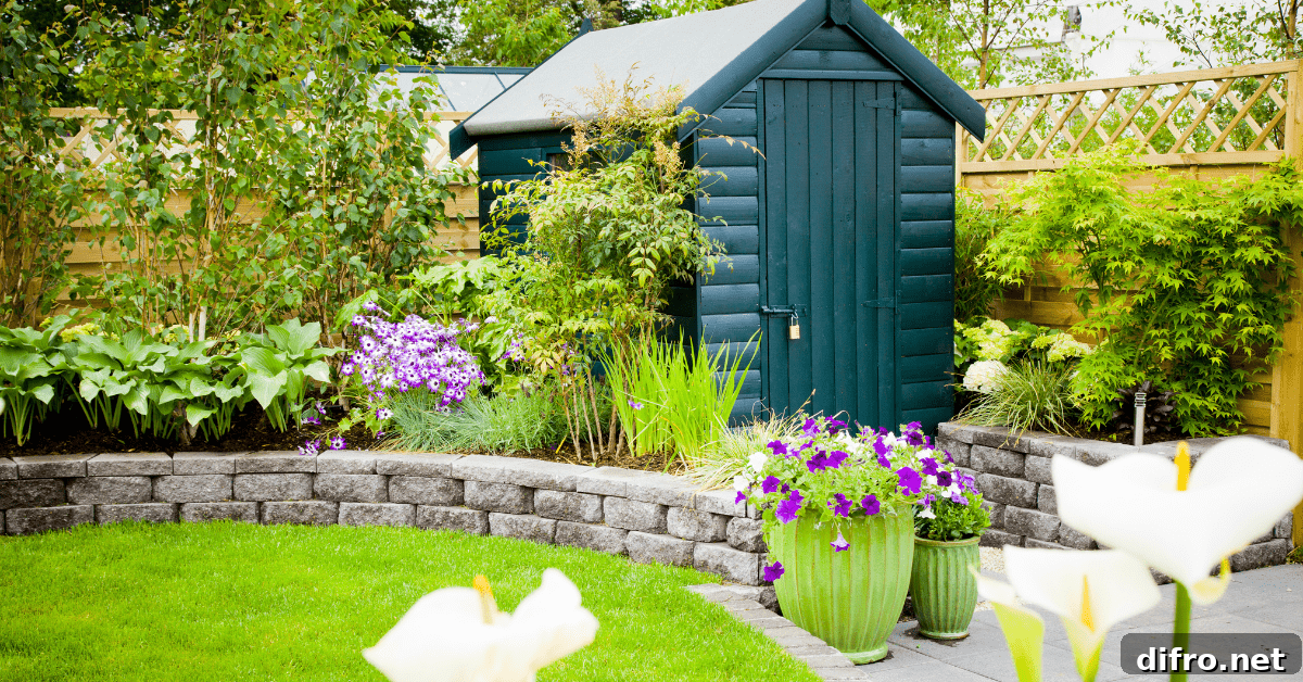 A green shed in the backyard of a house.