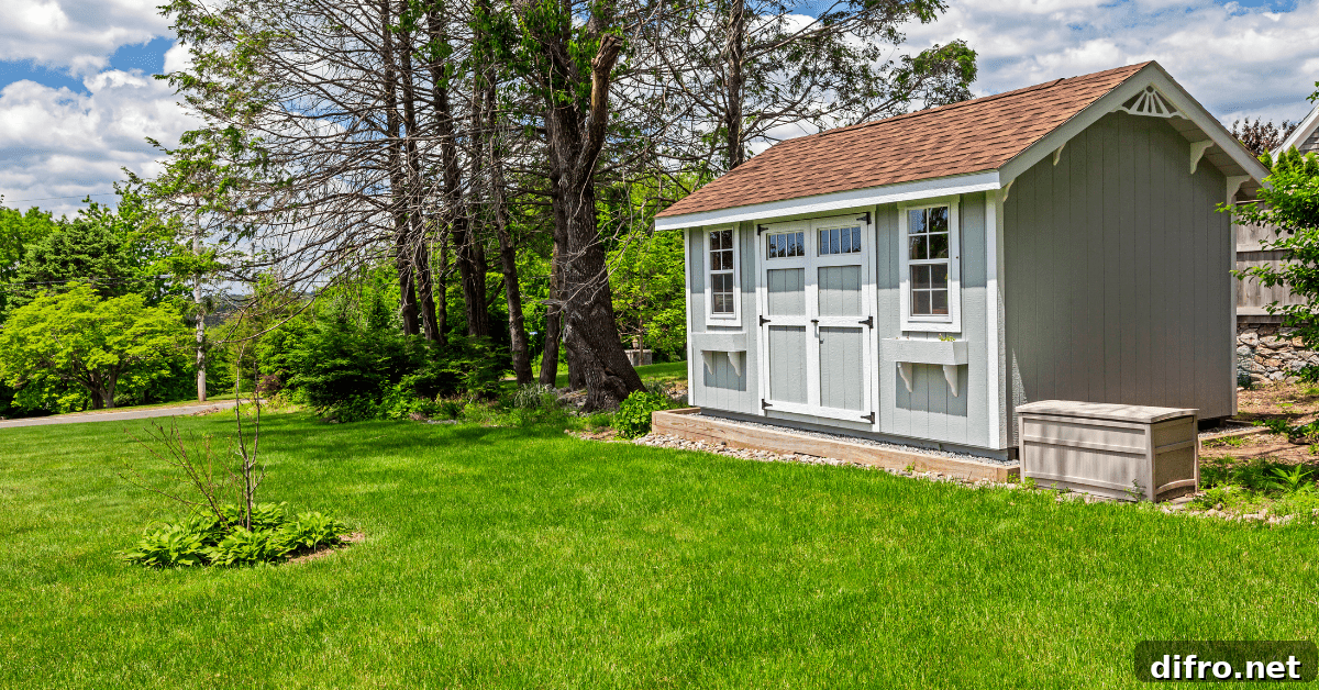 A large shed with shingled roof.