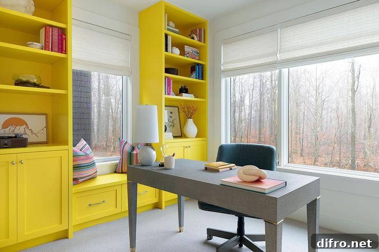 Charming yellow and gray office boasts a gray shagreen desk placed in front of windows covered in white roman shades. Tall yellow bookcases flank a yellow window seat finished with drawers and topped with a striped pillows.
