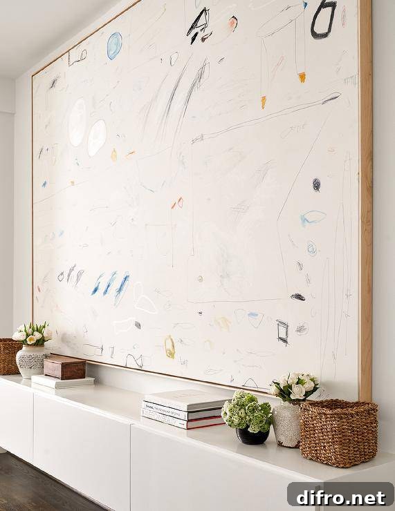 A large scale abstract art piece hangs over a long white buffet cabinet.