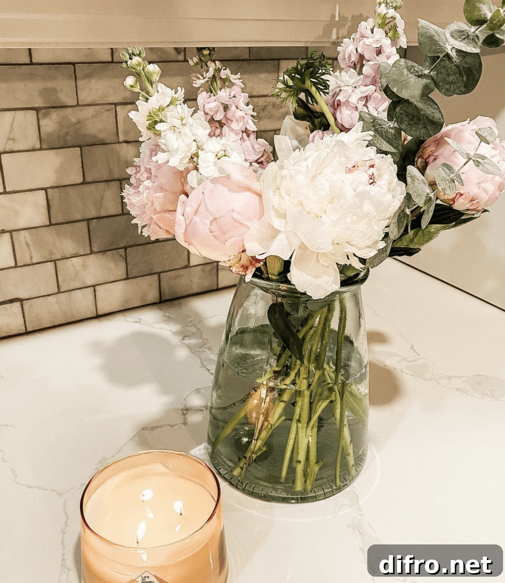 flower arrangement on marble countertops