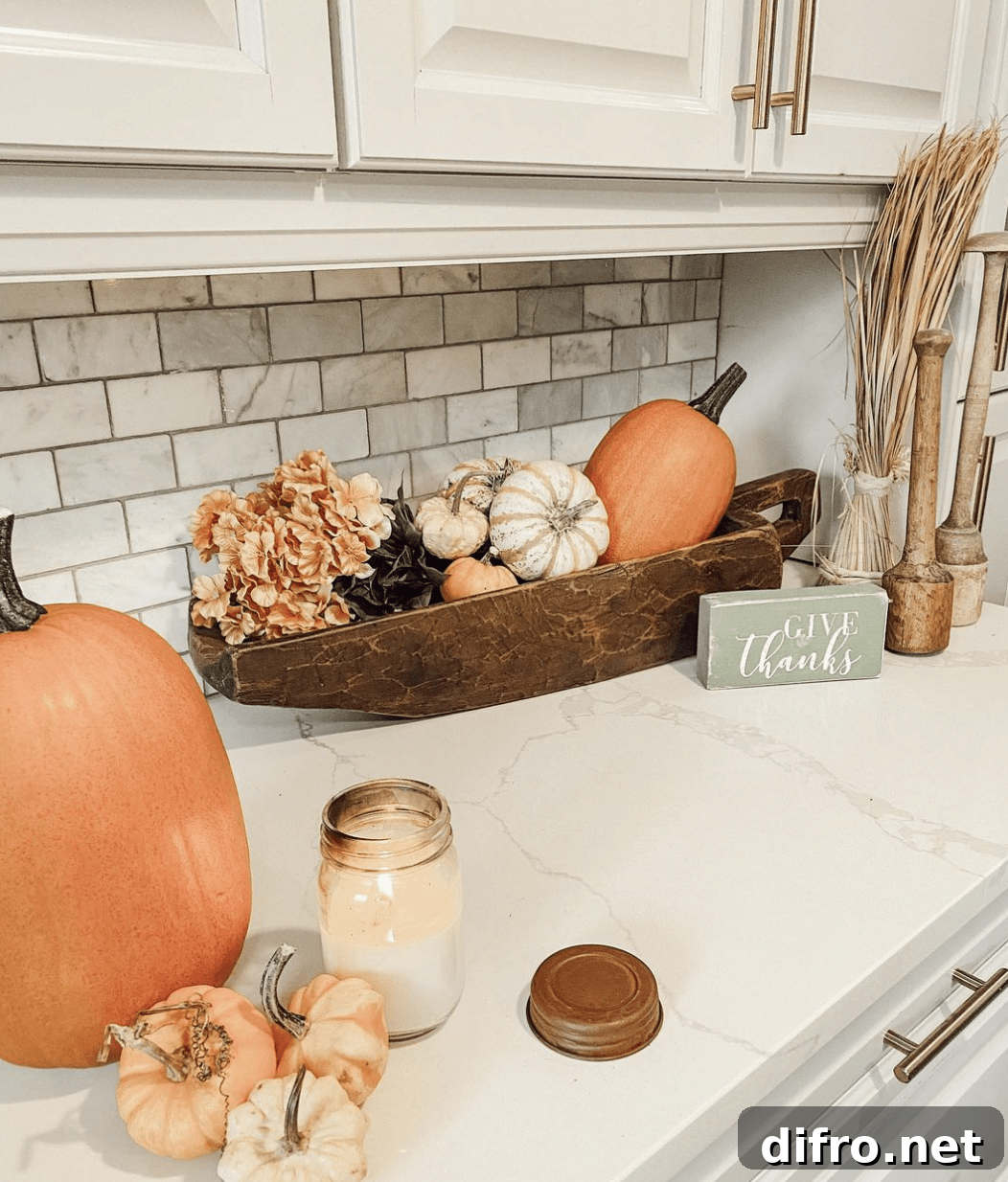 marble countertop decorated for fall
