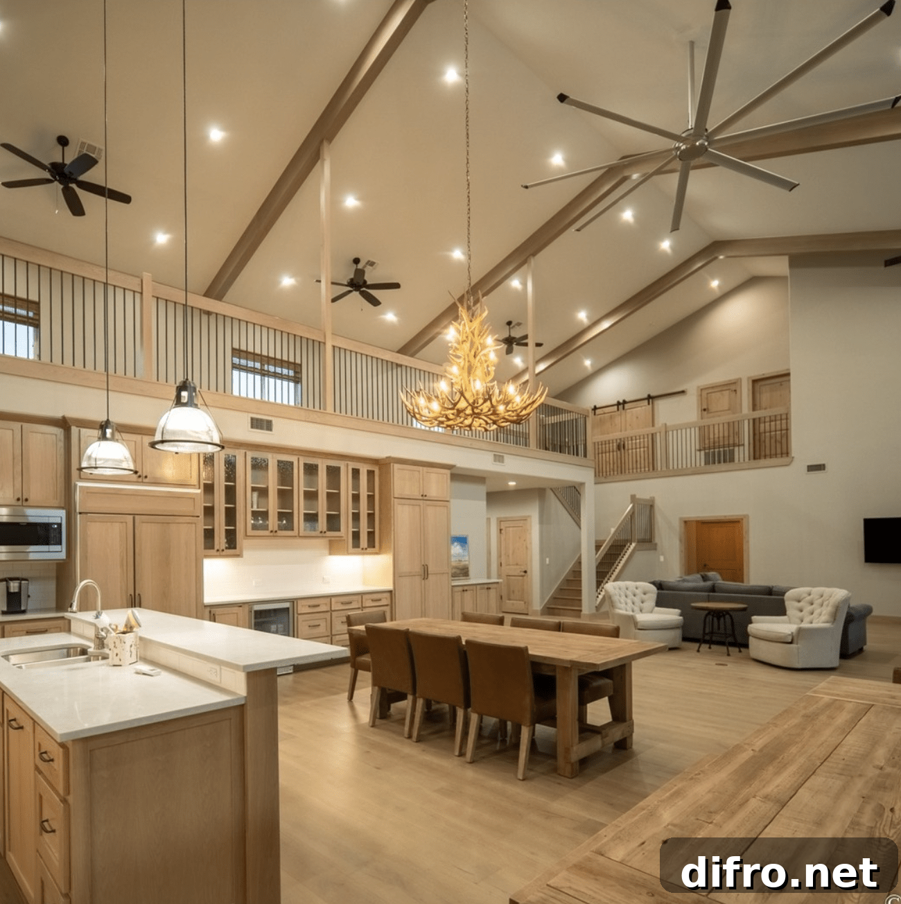 interior of barndominium with high vaulted ceilings