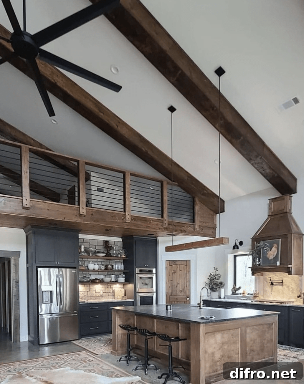 high vaulted ceiling in barndominium kitchen