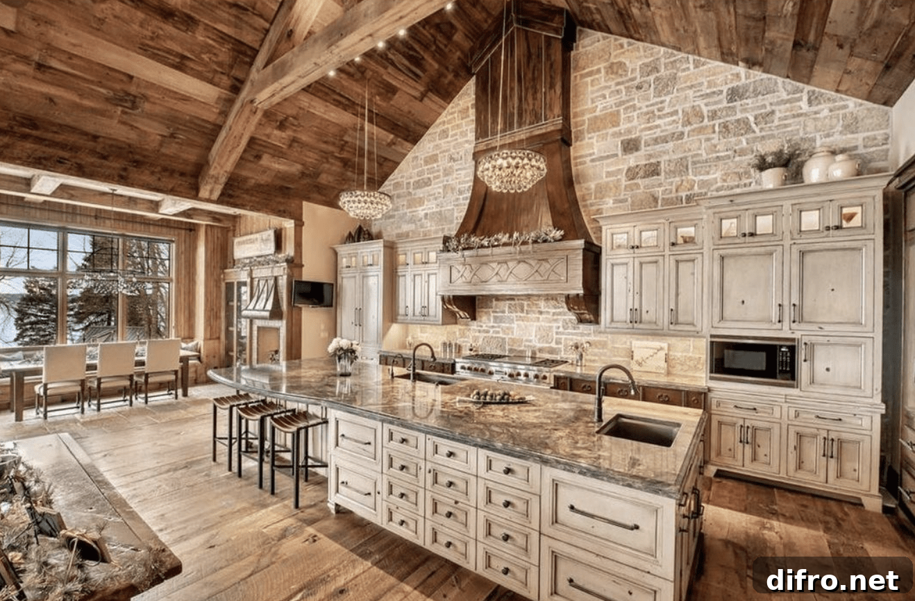 rustic kitchen inside barndominium with high vaulted ceilings