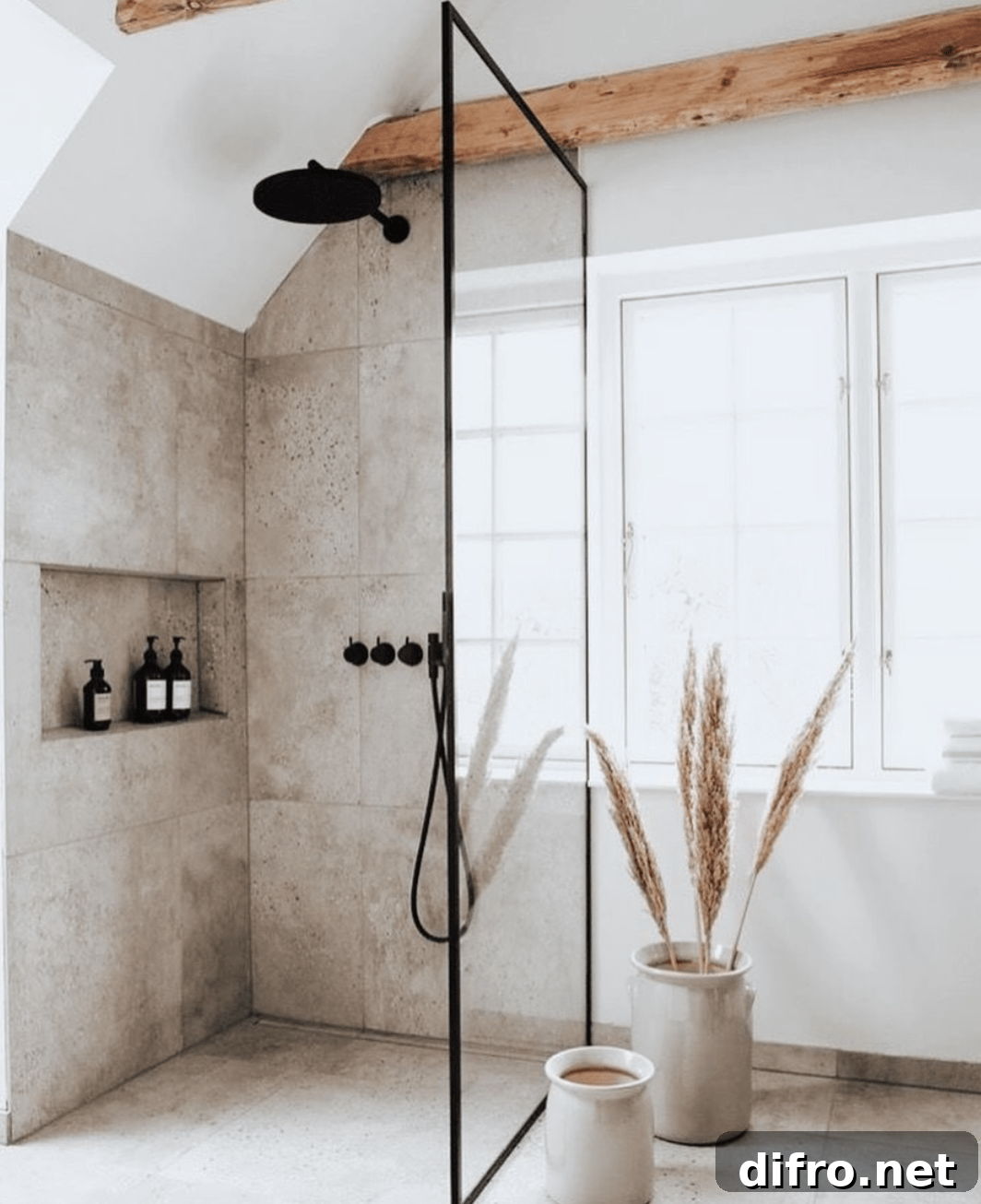 barndominium bathroom design idea open concept shower with rustic beams
