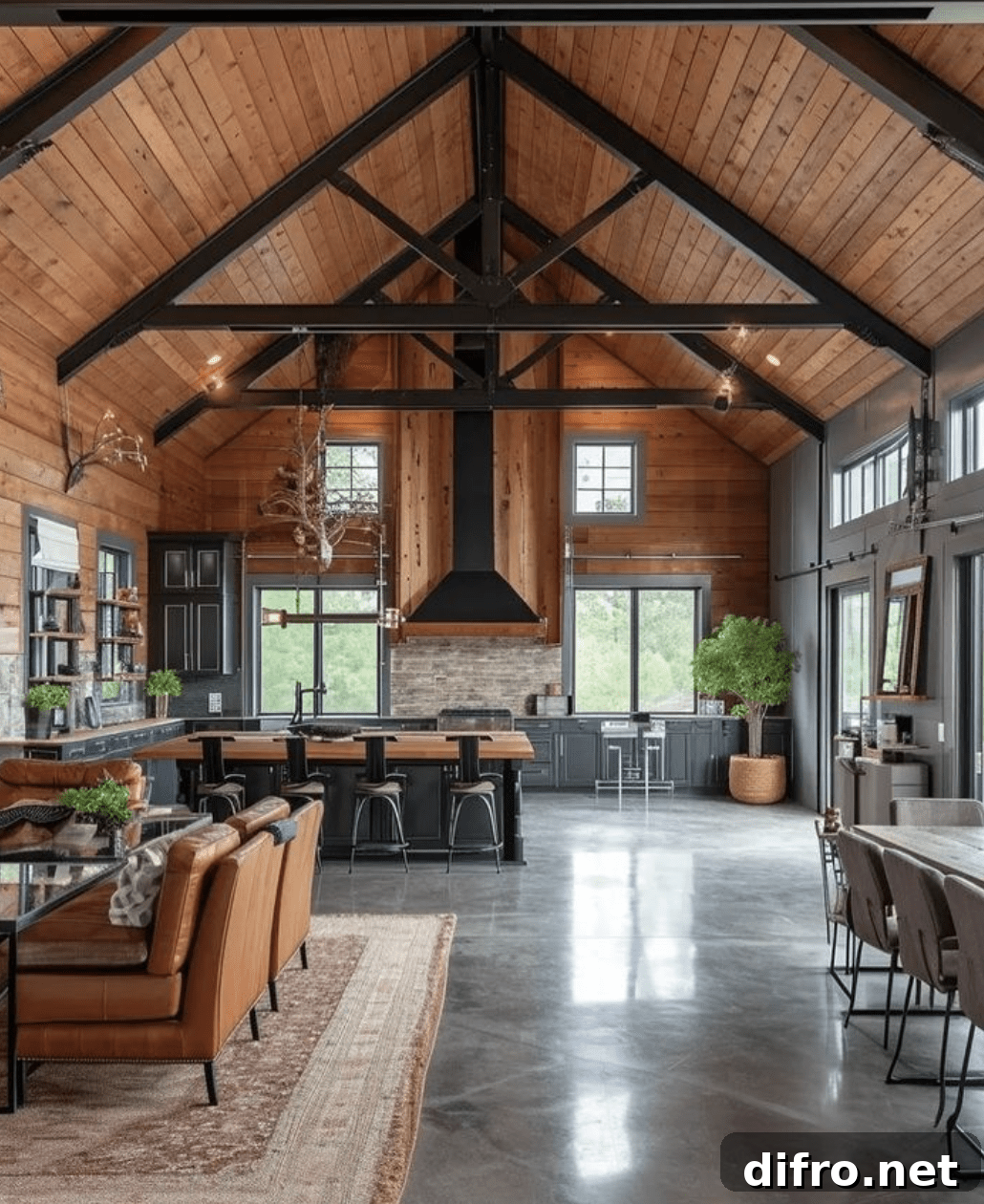 interior of barndominium rustic kitchen open concept