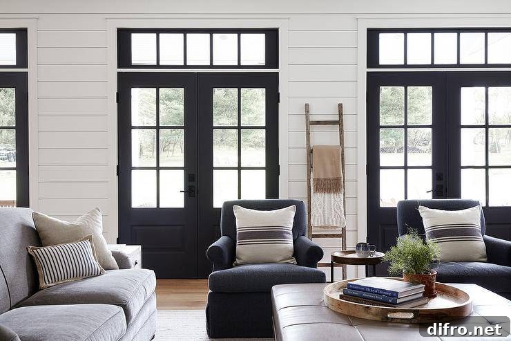 Charming modern farmhouse living room with dark blue roll armchairs and a large brown leather ottoman, shiplap walls and black French doors
