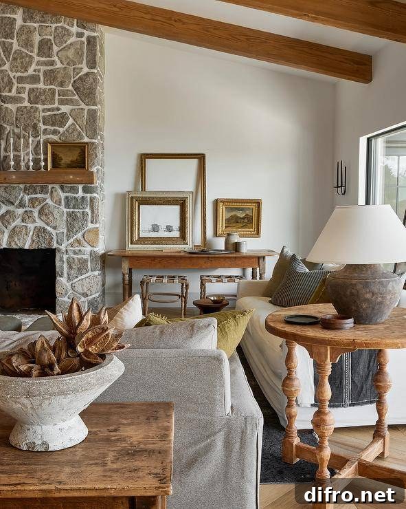 Rustic wooden mantel above a gray stone fireplace next to a farmhouse console table