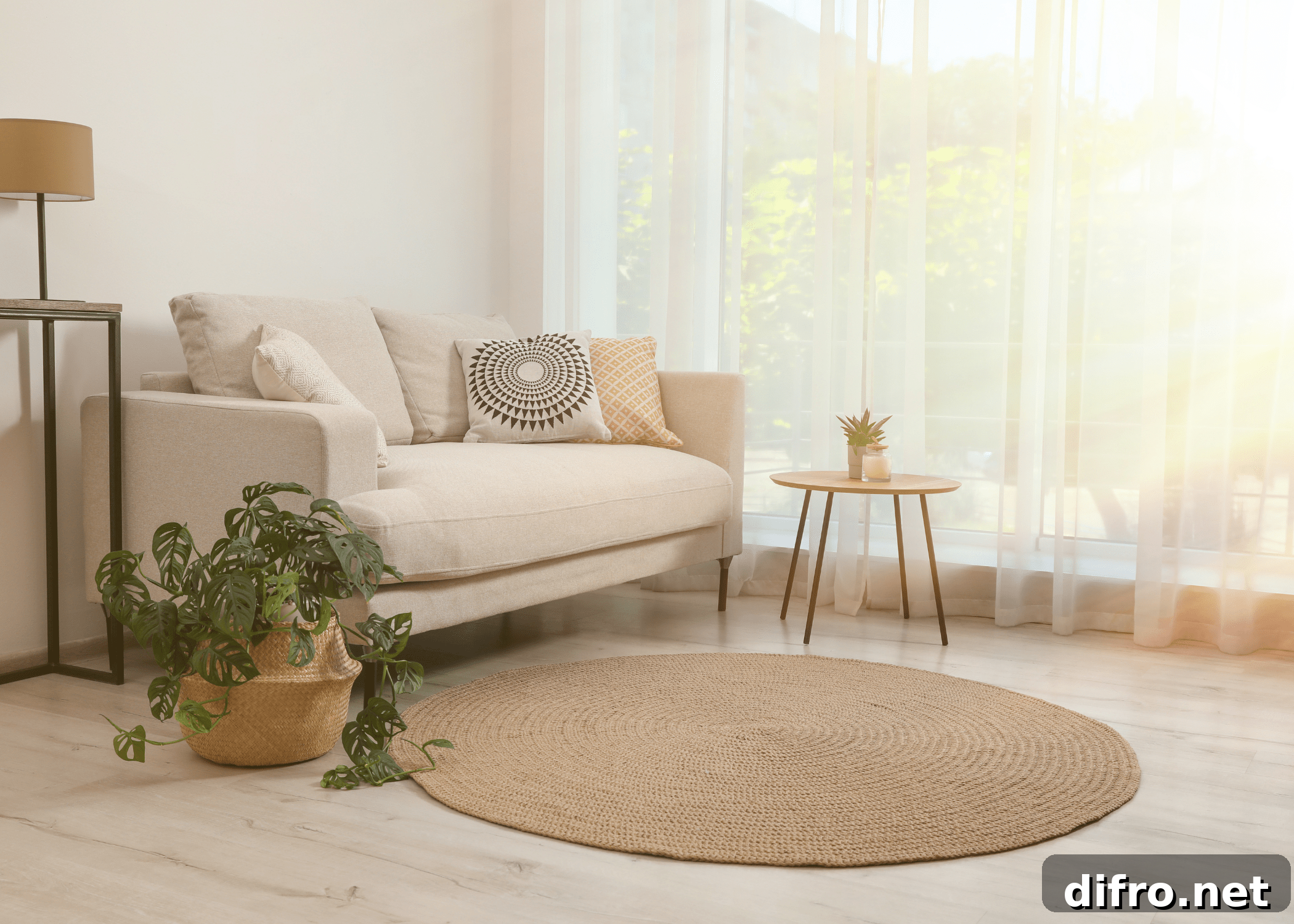 small round jute rug with white couch