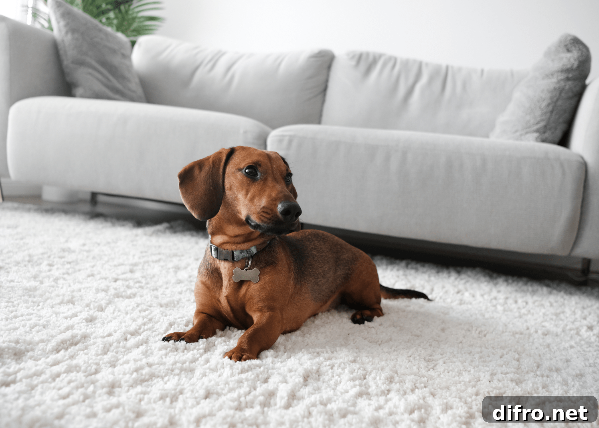 small daschund on white fluffy rug