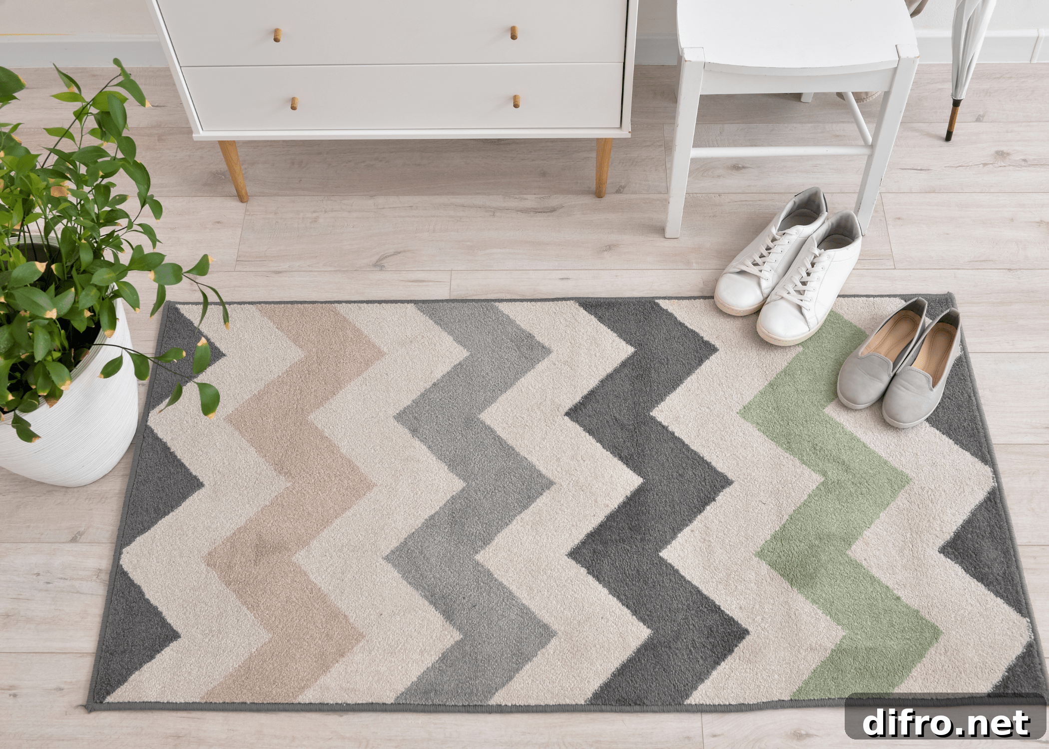 small chevron rug with shoes on it