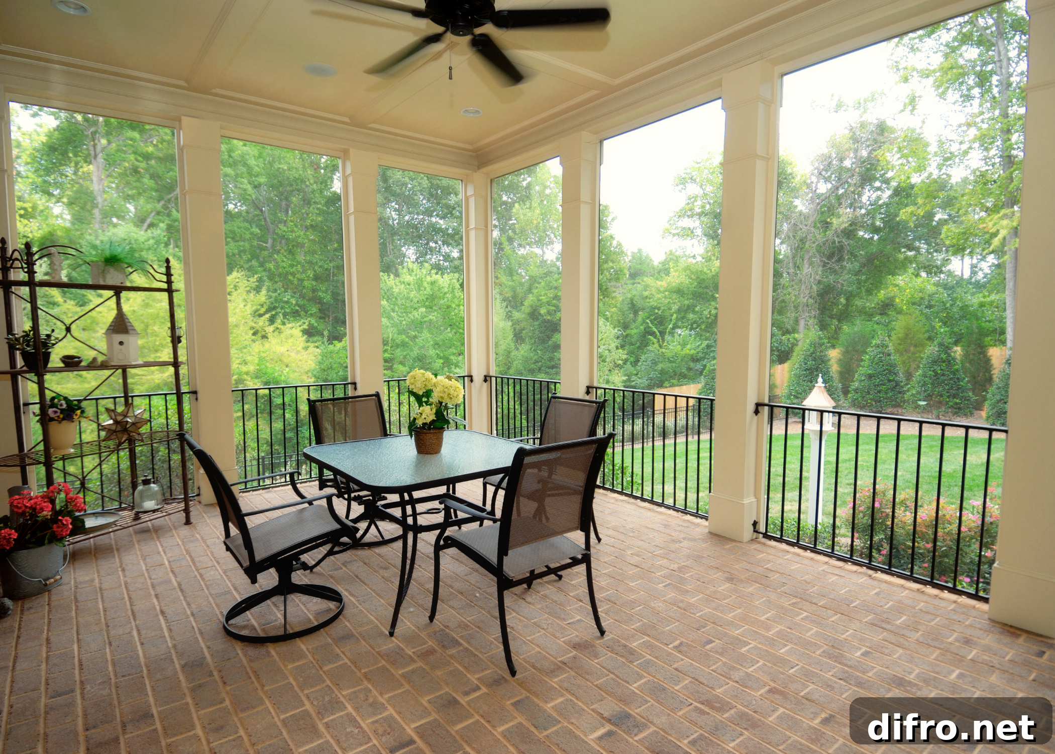 screened in patio with white pillars and black patio furntiure