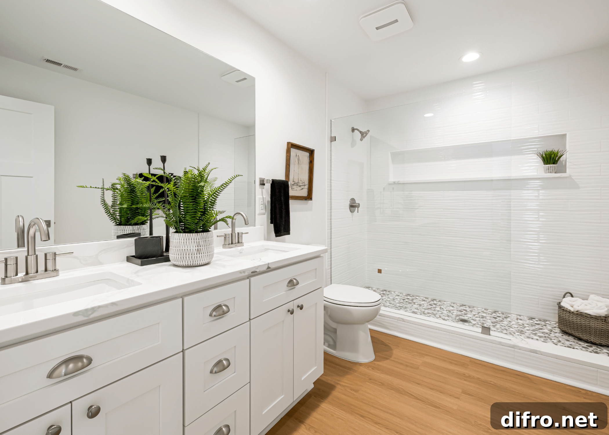 white modern bathroom with walk in shower