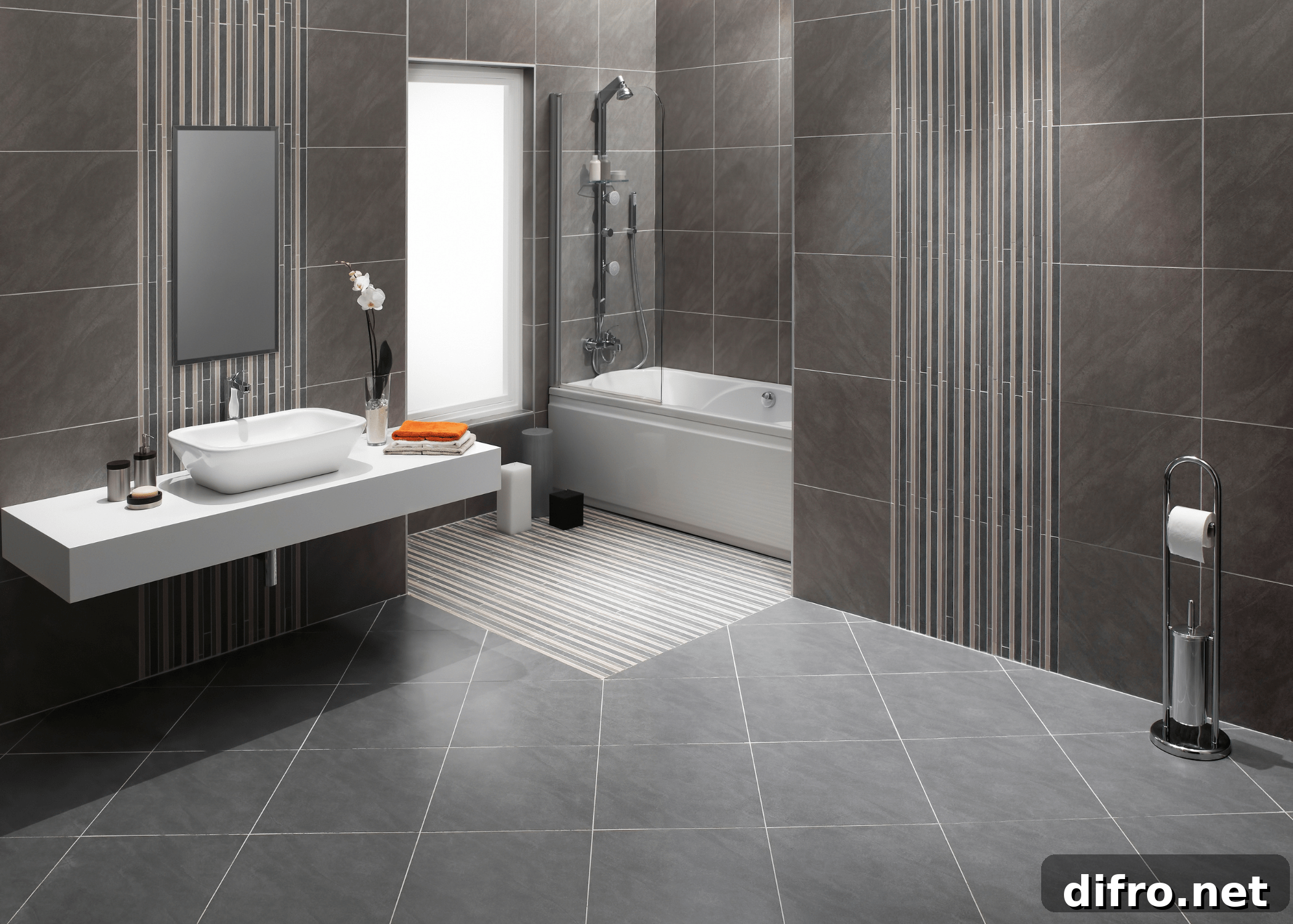 grey open bathroom with bathtub and floating vanity sink