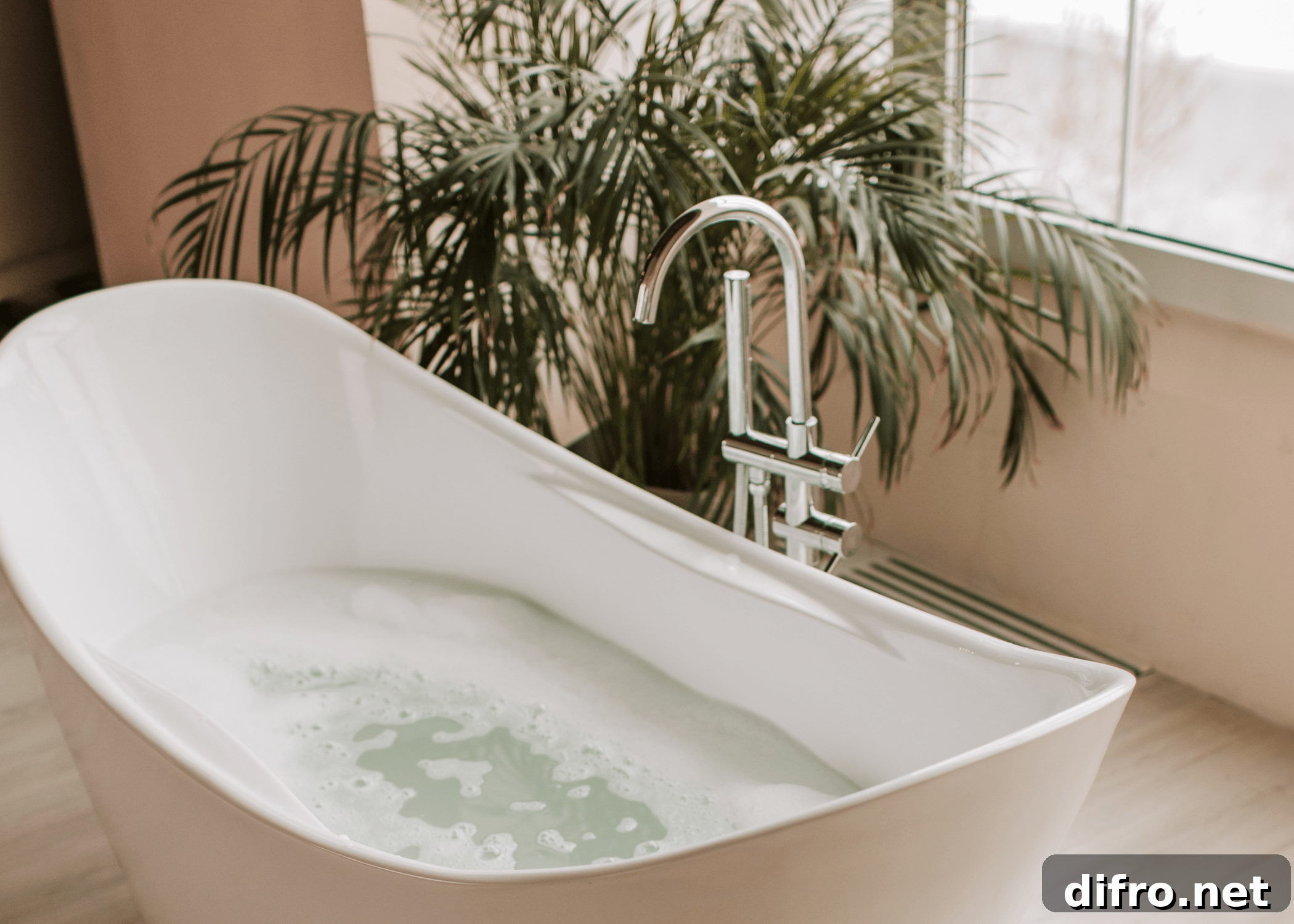 freestanding bathtub with floor faucet and greenery