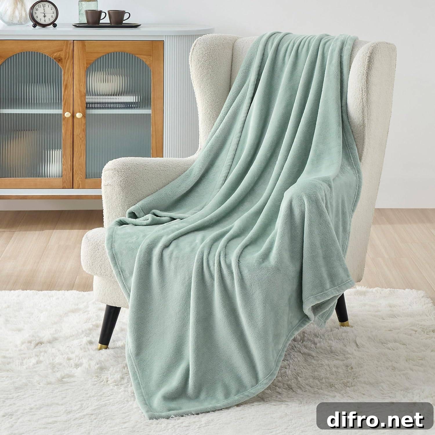 sage green blanket on white chair