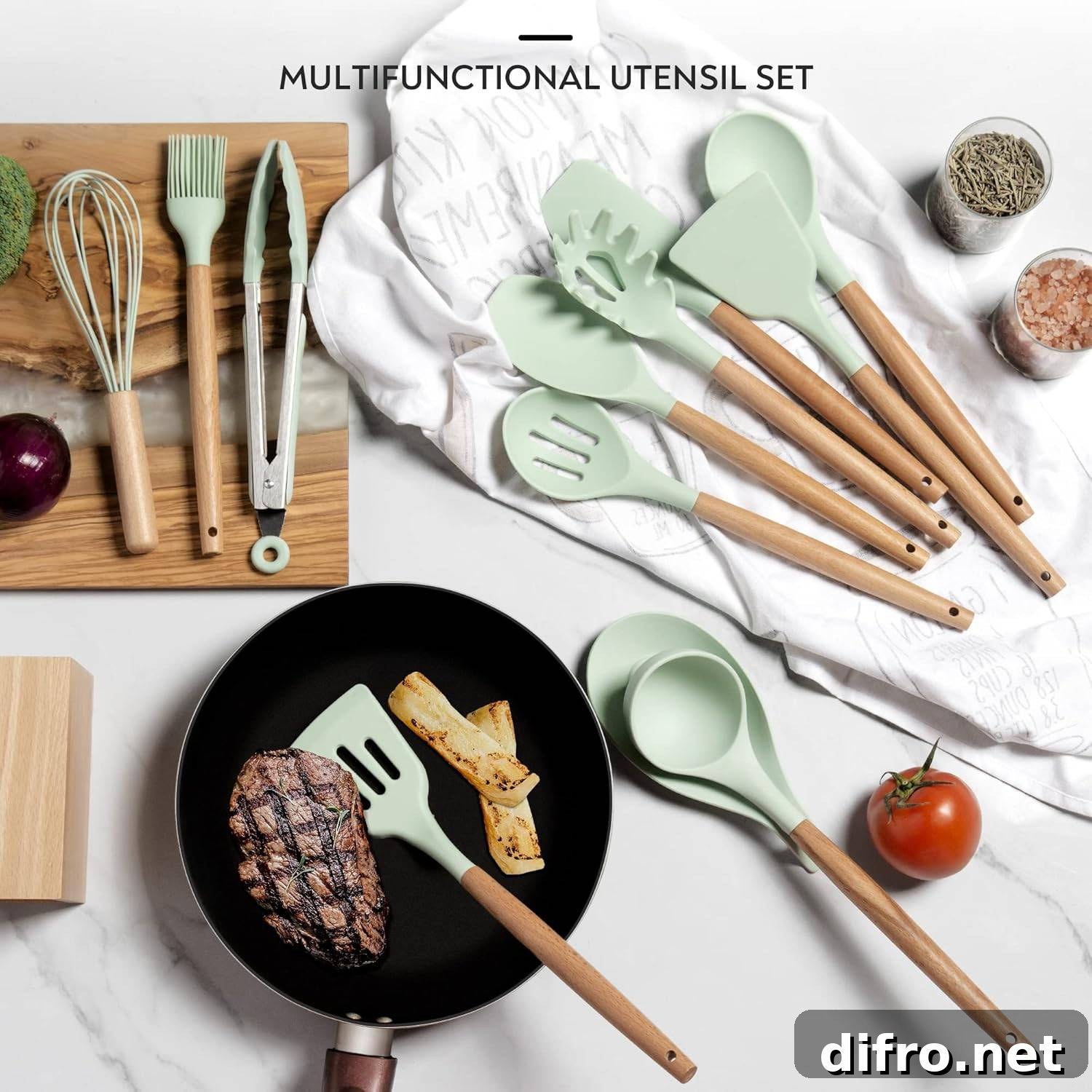 utensil set cookware kitchen sage green
