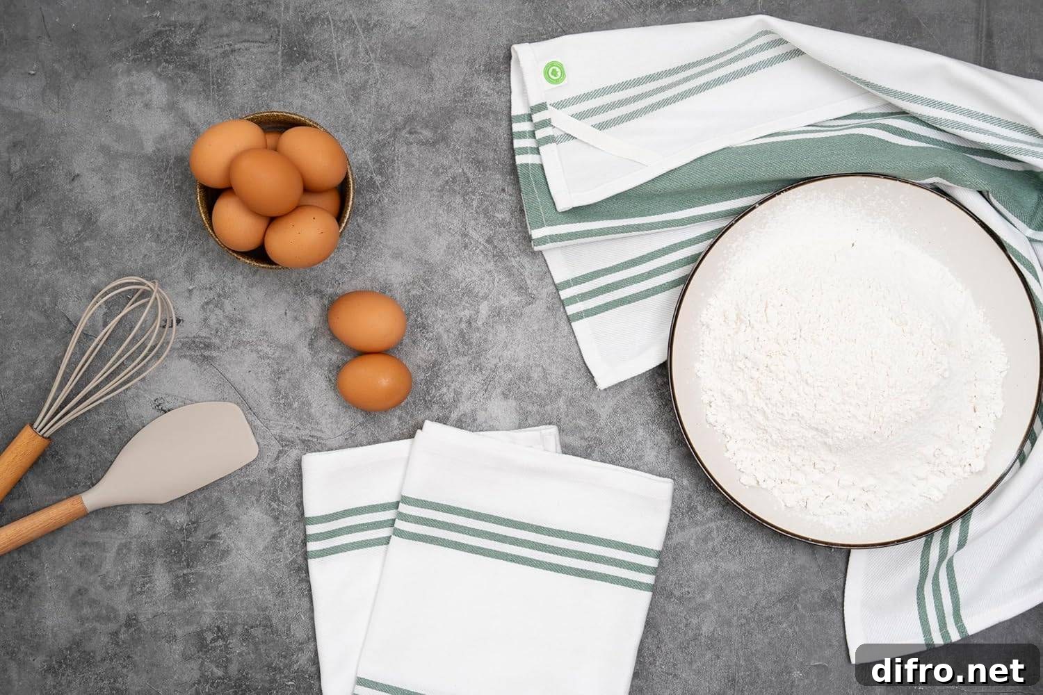 sage green kitchen towels plate eggs utensils