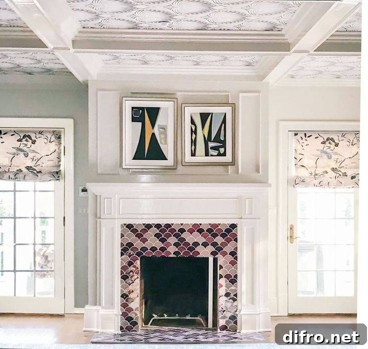 Bold colored fireplace tile.
