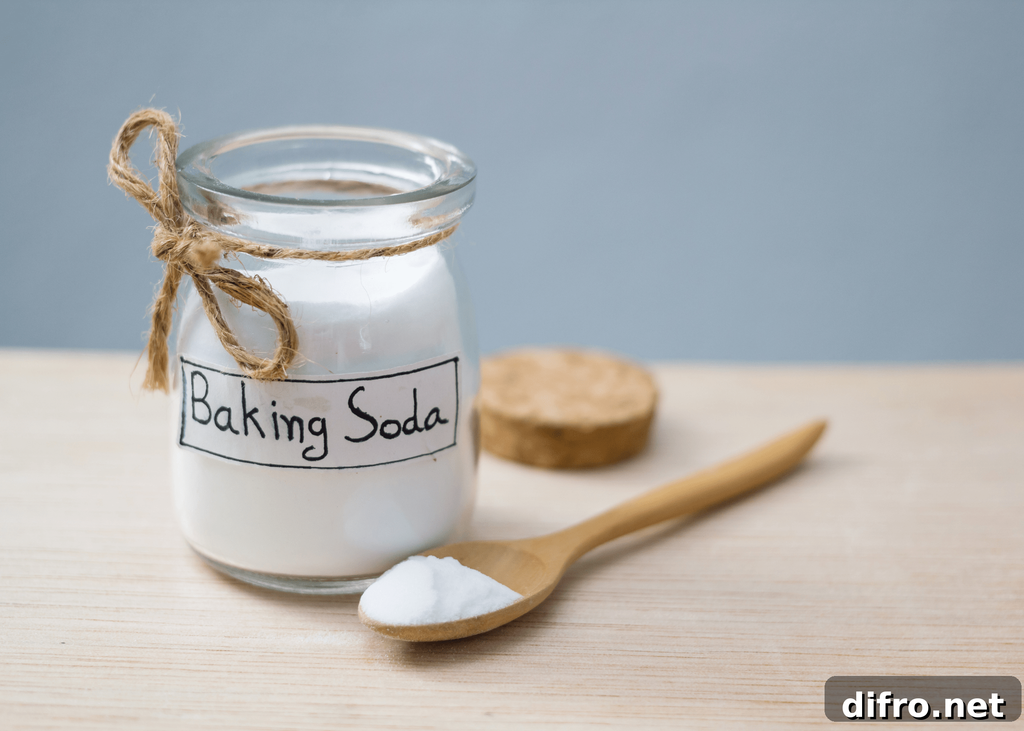 baking soda in labeled jar with wooden spoon