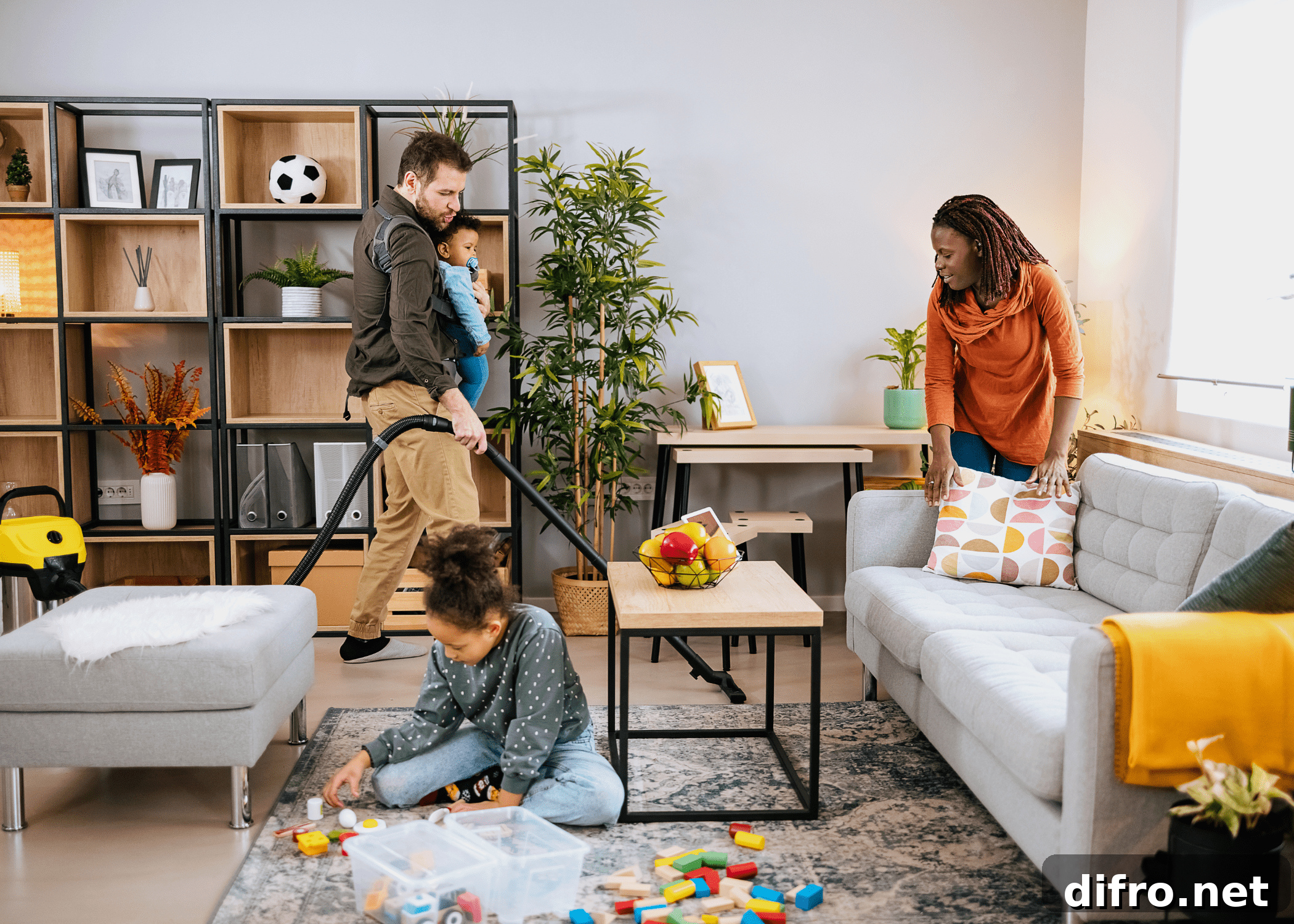 family cleaning living room