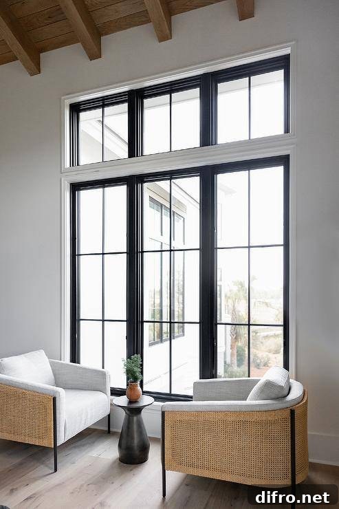 Cane barrel back chairs sit face-to-face facing a black accent table positioned in front of tall windows.