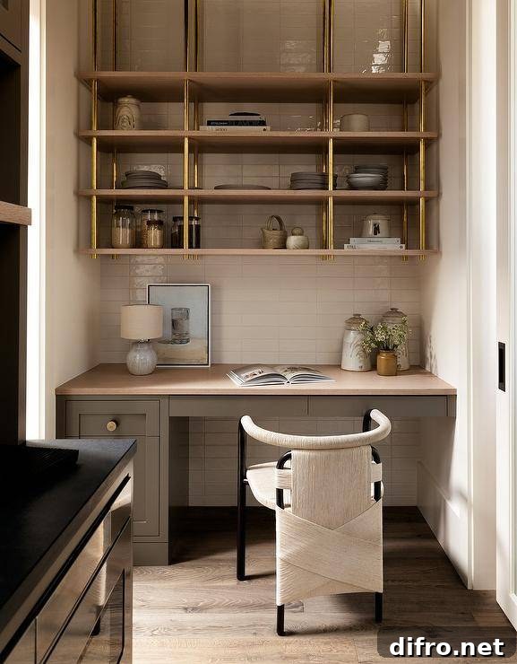 A small keeping room off the kitchen features a rope chair at a built-in desk under wood and brass shelves.