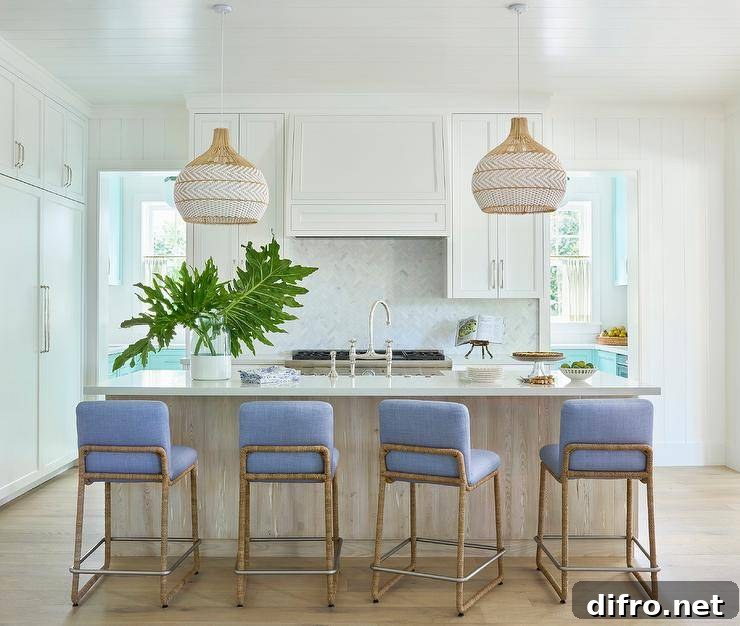 Blue and brown stools are placed at a cottage style island boasting a farmhouse sink and a polished nickel bridge style faucet lit by wicker pendant lights.