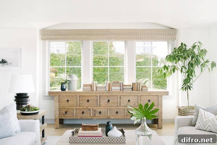 Vintage apothecary style console table under a window styled with books, lush greenery, and decor.