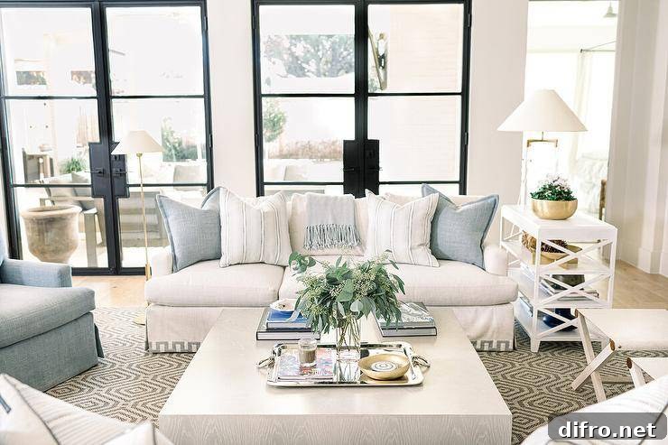 Light gray oak block coffee table on a hexagon jute rug is centered between a white Greek key sofa and various accent chairs in a transitional living room design.