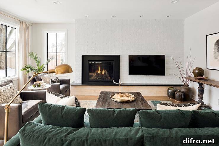 TV mounted next to a fireplace on a white brick wall in a country living room furnished with a hunter green sectional and a brown stained oak coffee table.