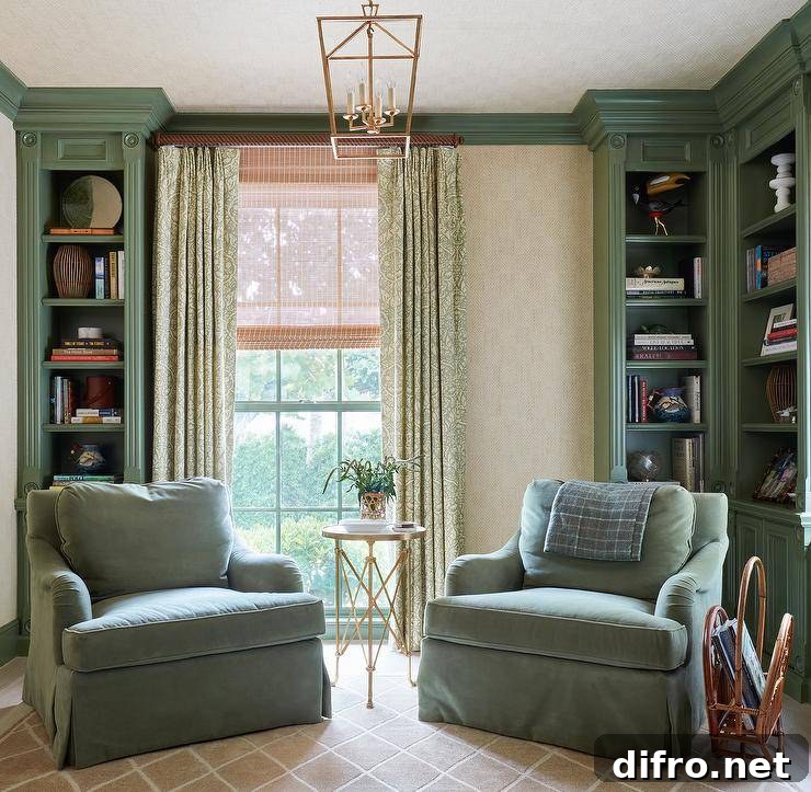 Green velvet roll arm chairs with a brass accordion table and wicker magazine holder sit on a beige lattice rug near green built in bookcases.