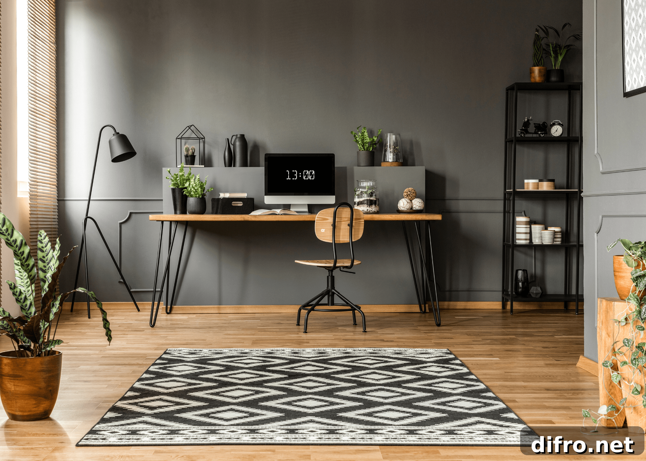 Home office with a wooden desk and chair in a dark-toned room.