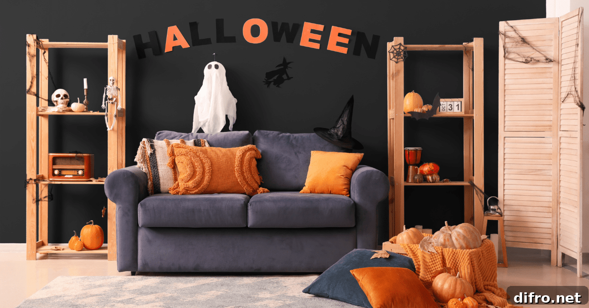 A dark living room with orange halloween decoration.