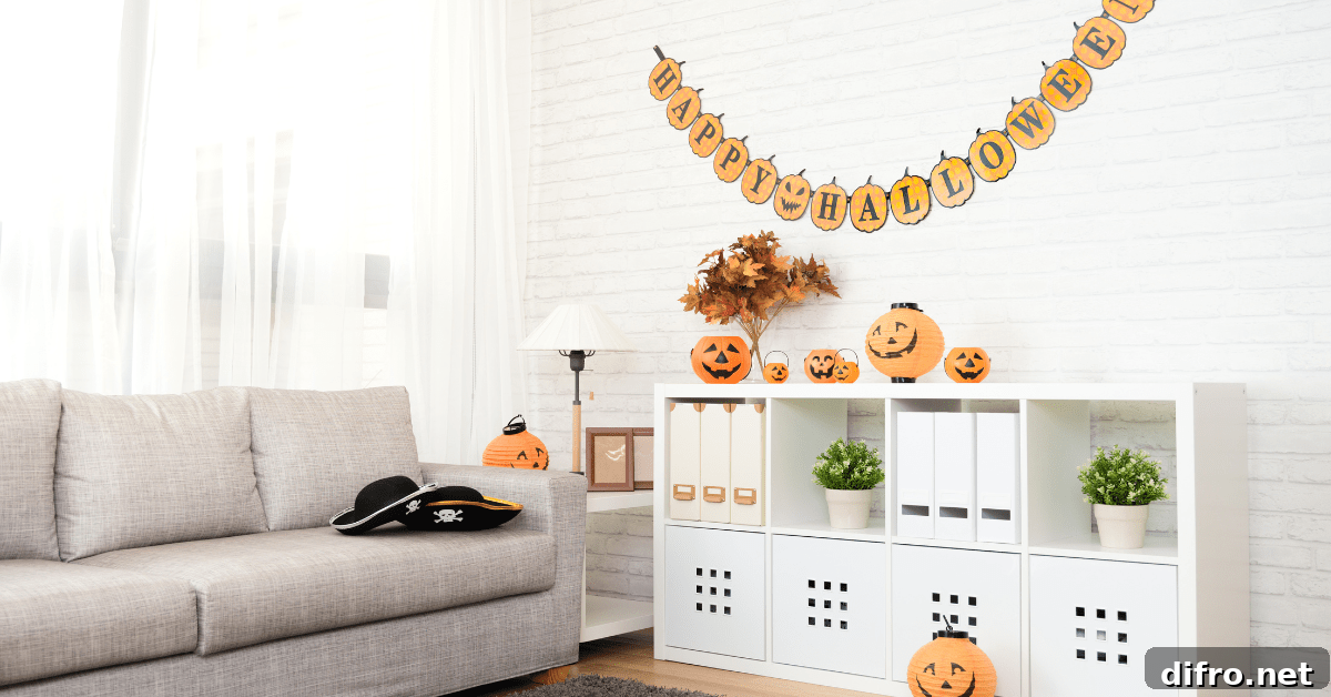 A bookshelf with halloween decoration.